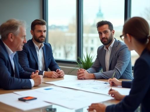Rhein-Neckar Road Construction Ltd. team discussing a project in their Mannheim office